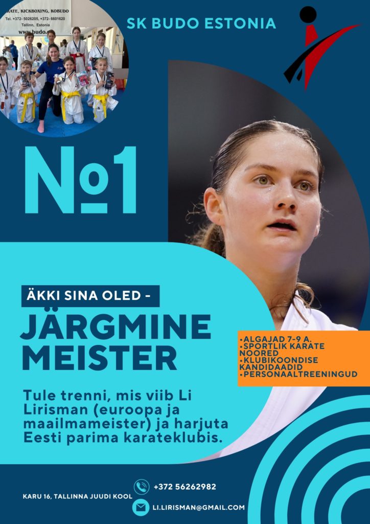 SK Budo Estonia karate treeningute plakat Tallinna Juudi Koolis lastele ja algajatele.